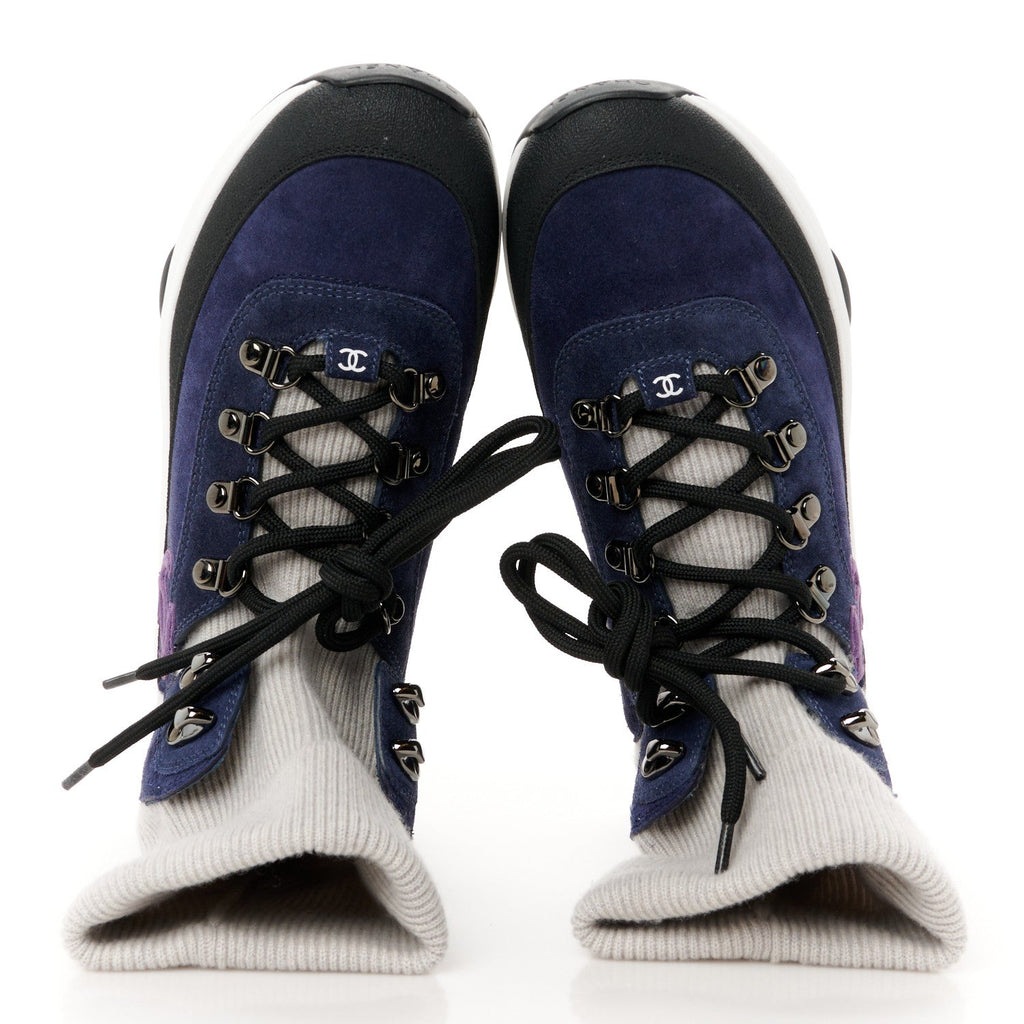Suede Calfskin Knit CC Sneakers 38 Dark Blue Light Grey