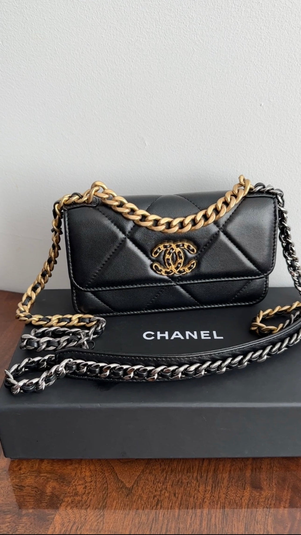 Chanel 19 Black Leather Lambskin Quilted Flap Phone Holder