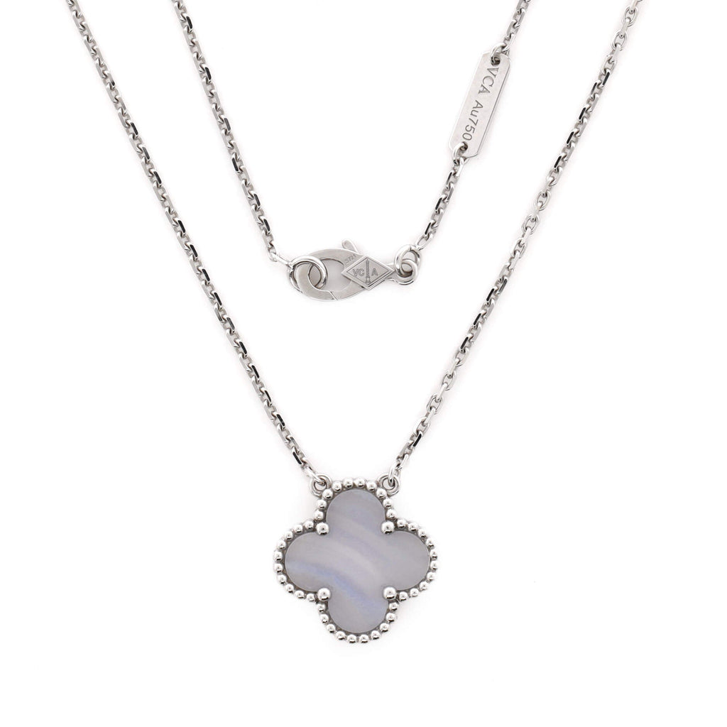 Vintage Alhambra Pendant Necklace 18K White Gold and Chalcedony