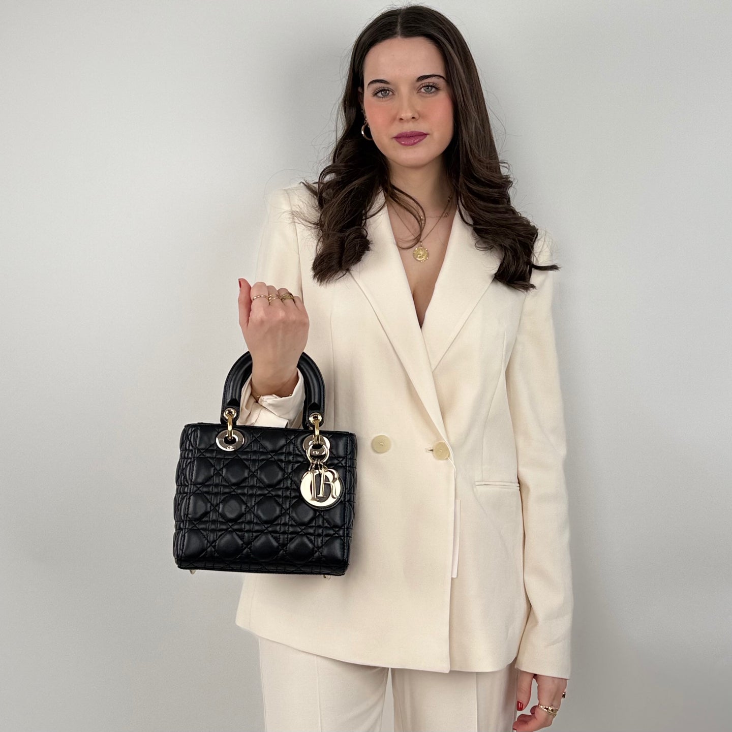 Christian Dior Black Medium Lady Dior Bag in Cannage Lambskin Leather with Silver Hardware