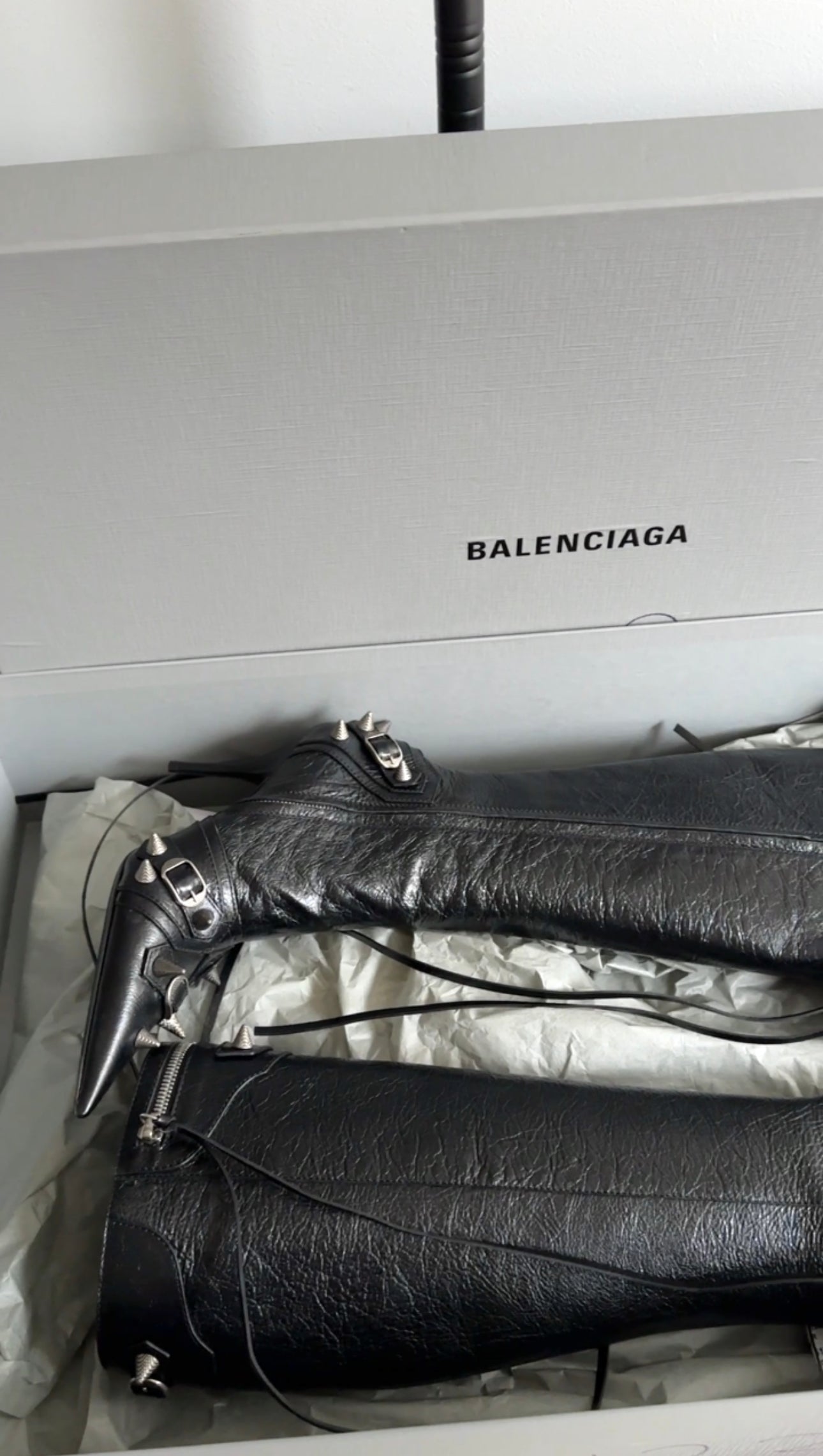 Balenciaga Black Leather Tall Spike Stud Cagole Boots - 38