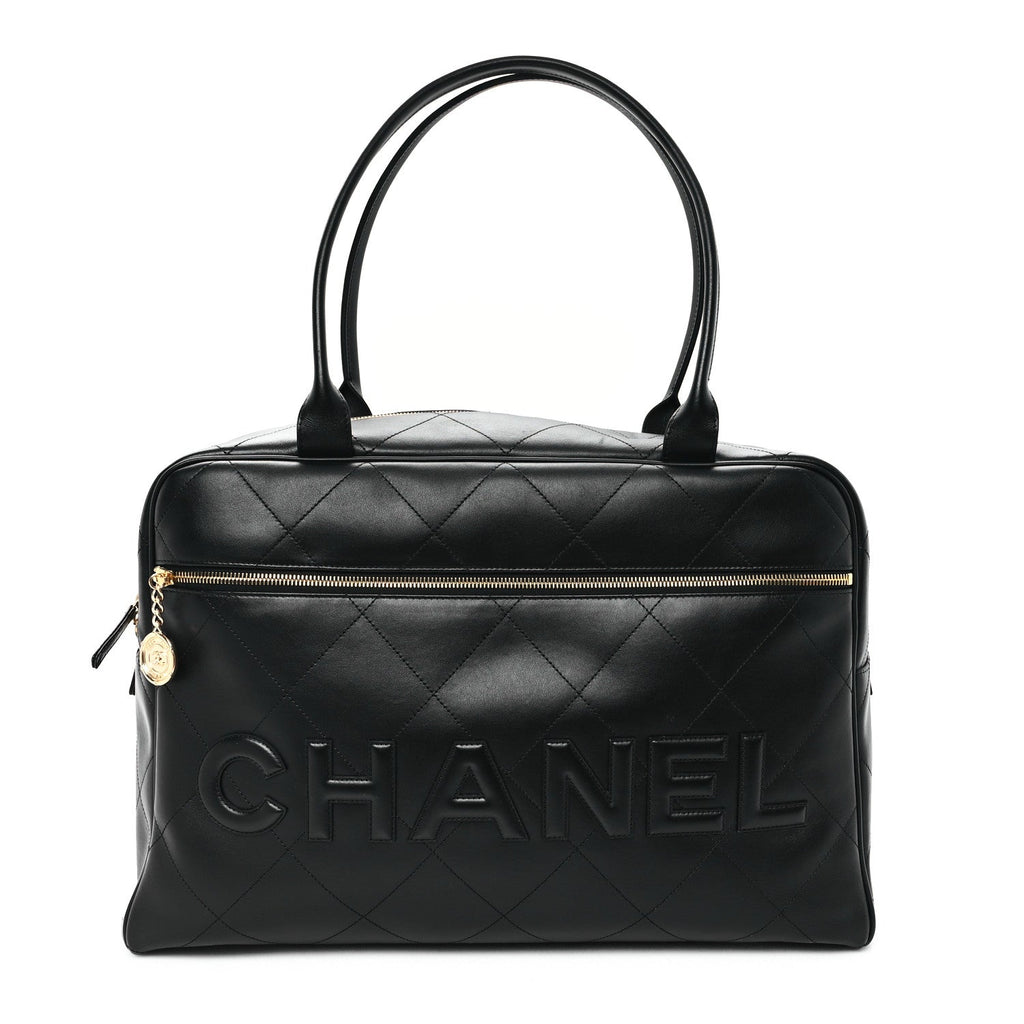 Calfskin Stitched Maxi Logo Bowling Bag Black