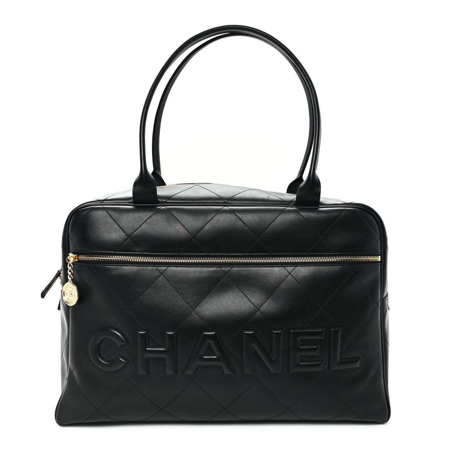 Calfskin Stitched Maxi Logo Bowling Bag Black