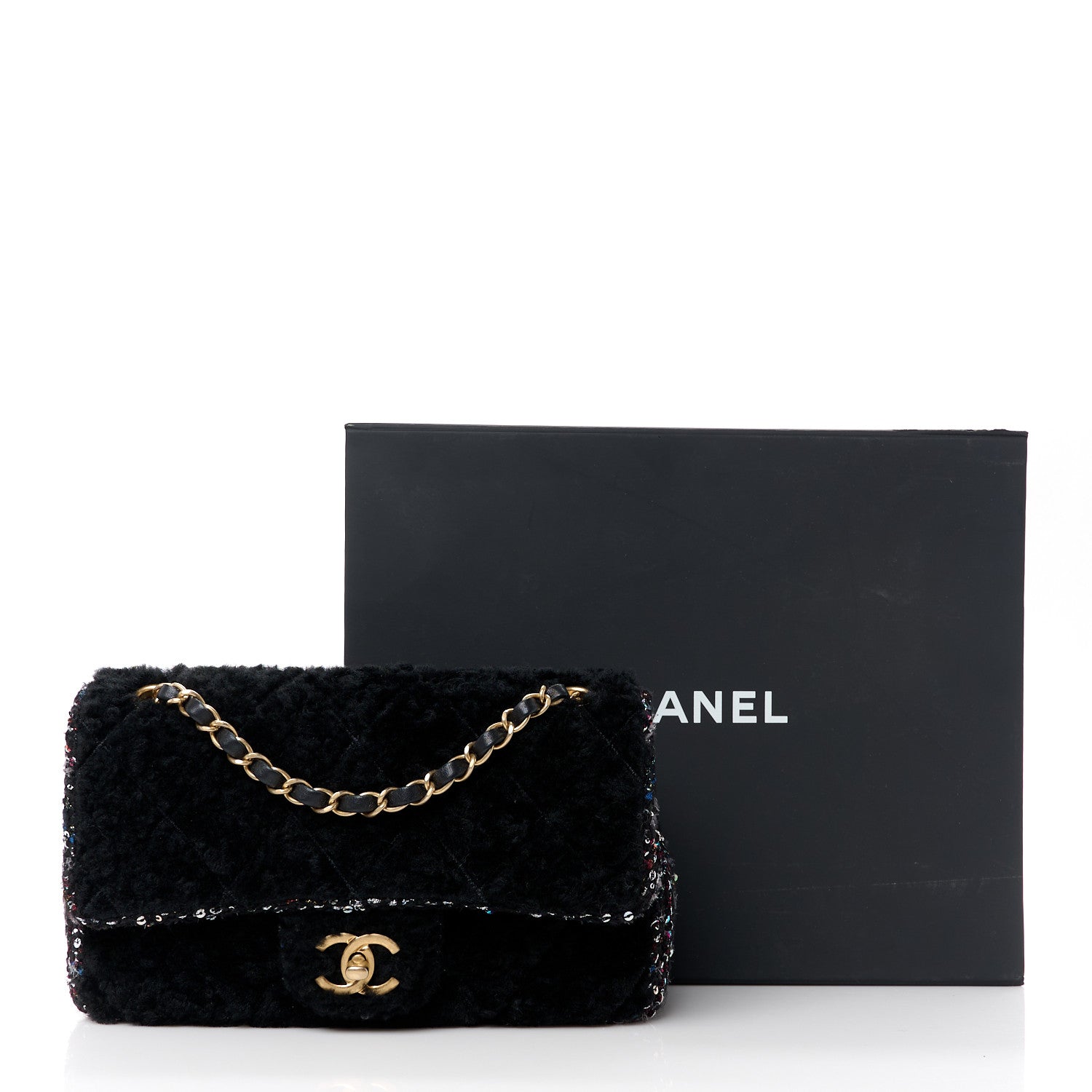 Shearling Sheepskin Tweed Quilted Single Flap Black