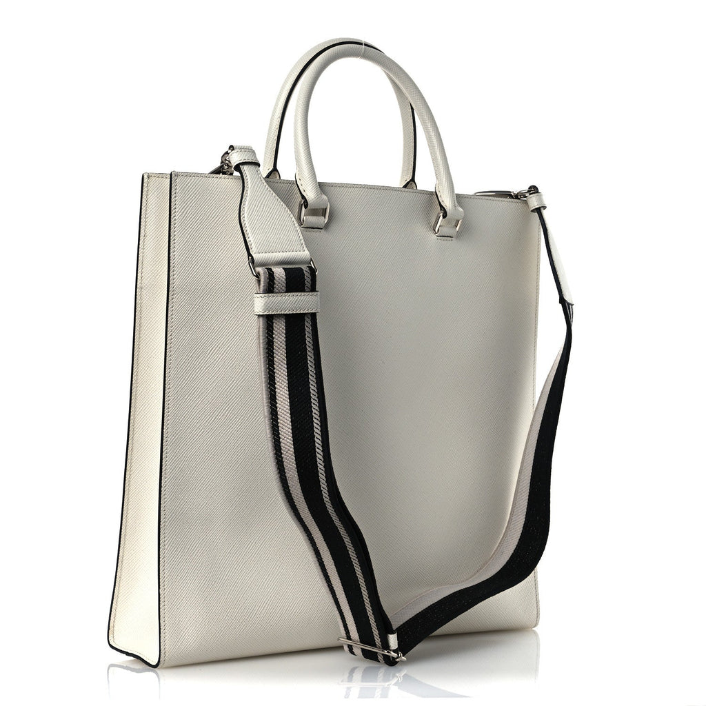 Saffiano Cuir Triangle Logo Embossed Vertical Tote White