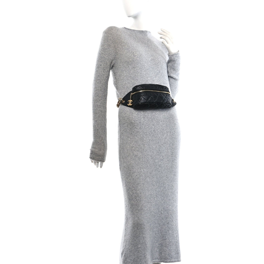 Lambskin Quilted Linked In Waist Bag Black