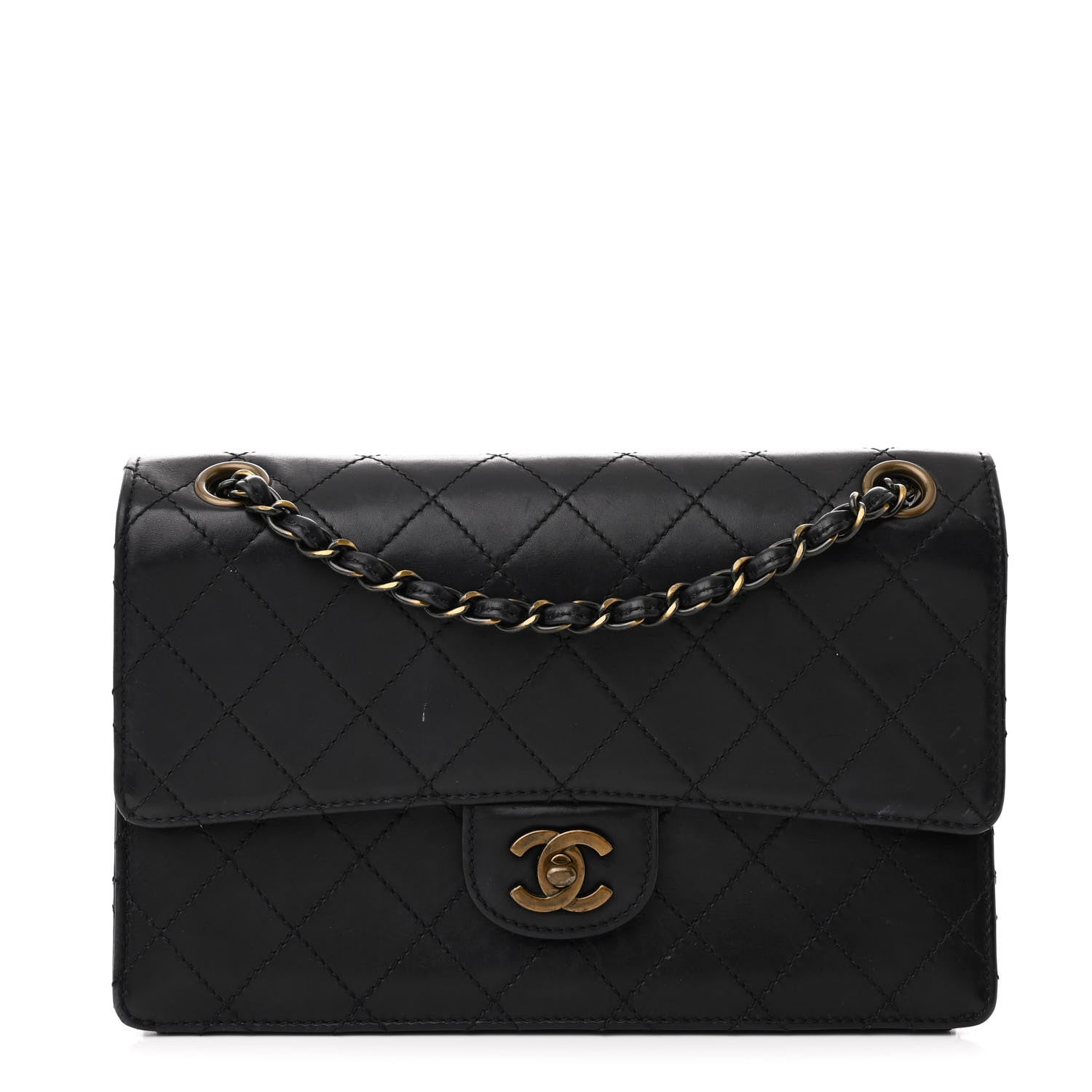Calfskin Stitched Medium Single Flap Black