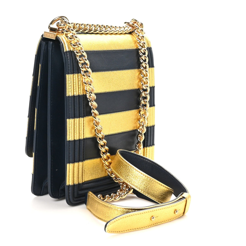 Metallic Lambskin Striped North South Boy Flap Navy Gold