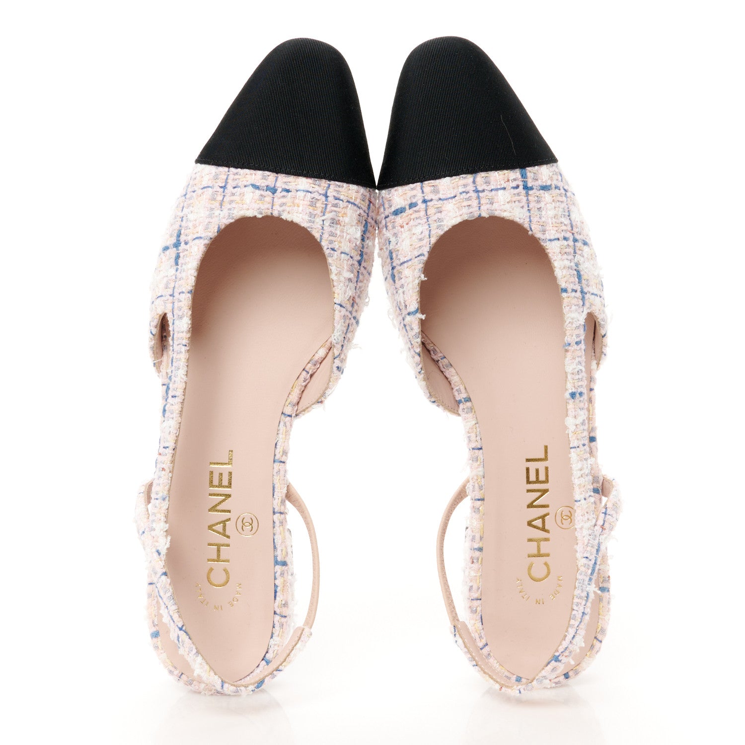 Tweed Grosgrain Cap Toe Slingback Flats 39 White Blue Pink