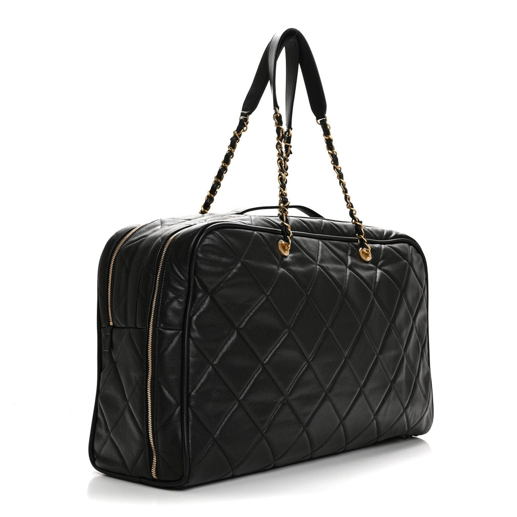 Shiny Grained Calfskin Quilted Large Travel Bowling Bag Black