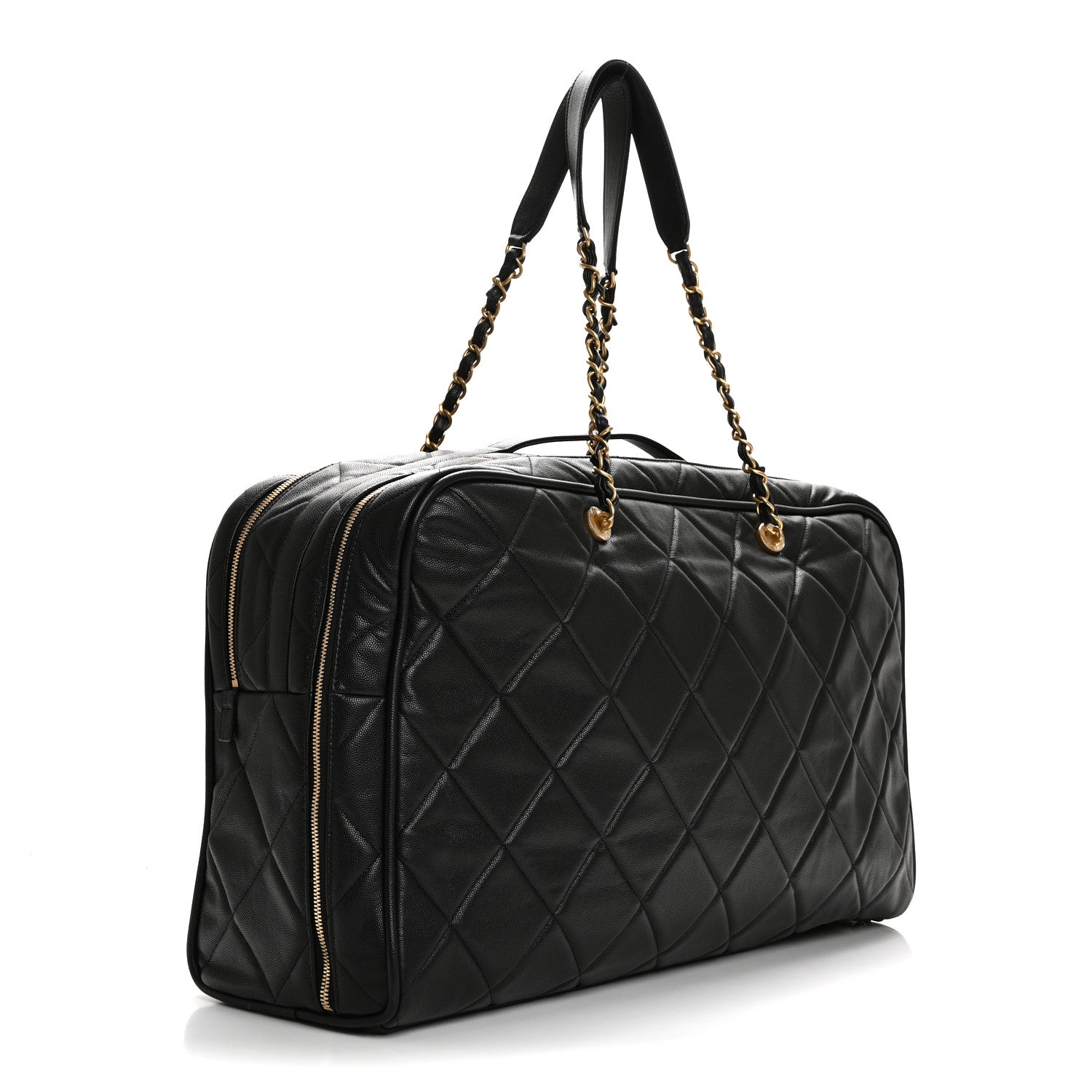 Shiny Grained Calfskin Quilted Large Travel Bowling Bag Black