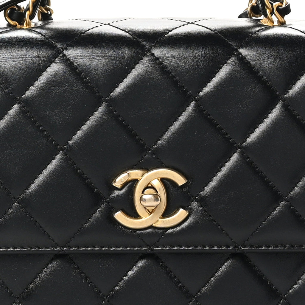 Shiny Calfskin Quilted Small Metal Chain Top Handle Flap Black