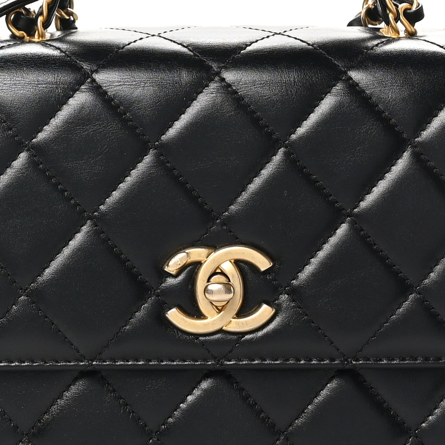 Shiny Calfskin Quilted Small Metal Chain Top Handle Flap Black