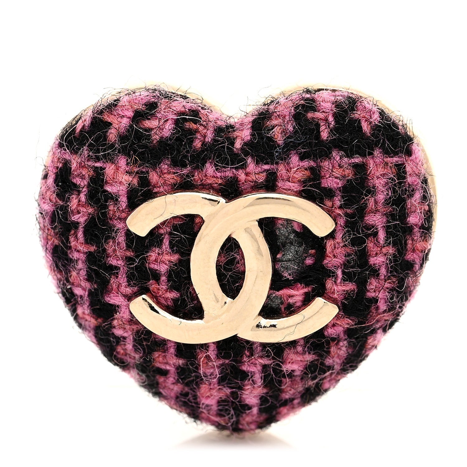 Tweed CC Heart Brooch Pink Black Gold