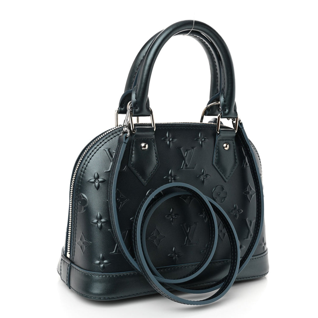 Metallic Calfskin Debossed Monogram Alma BB Steel Blue