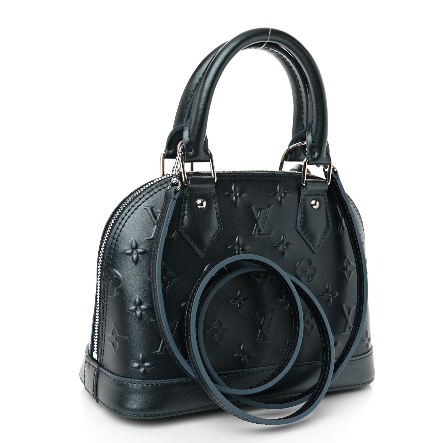 Metallic Calfskin Debossed Monogram Alma BB Steel Blue