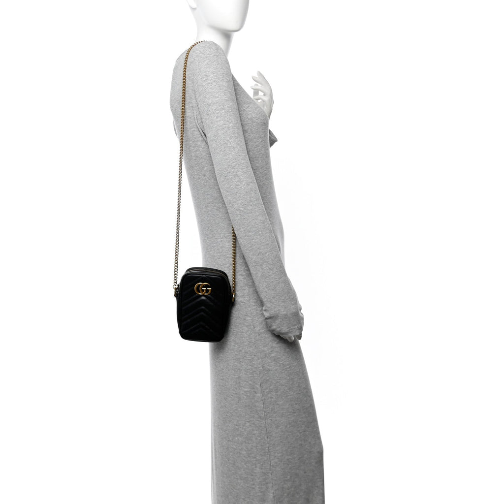 Calfskin Matelasse Mini GG Marmont Crossbody Bag Black