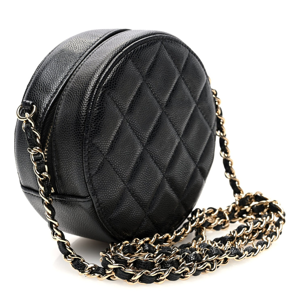 Caviar Quilted Round Clutch With Chain Black