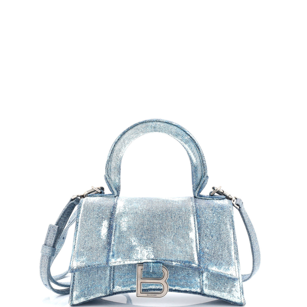 Hourglass Top Handle Bag Denim Printed Leather Small