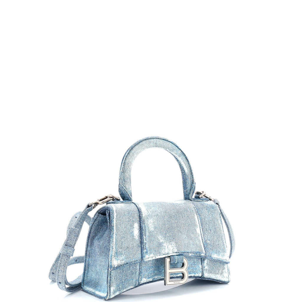 Hourglass Top Handle Bag Denim Printed Leather Small