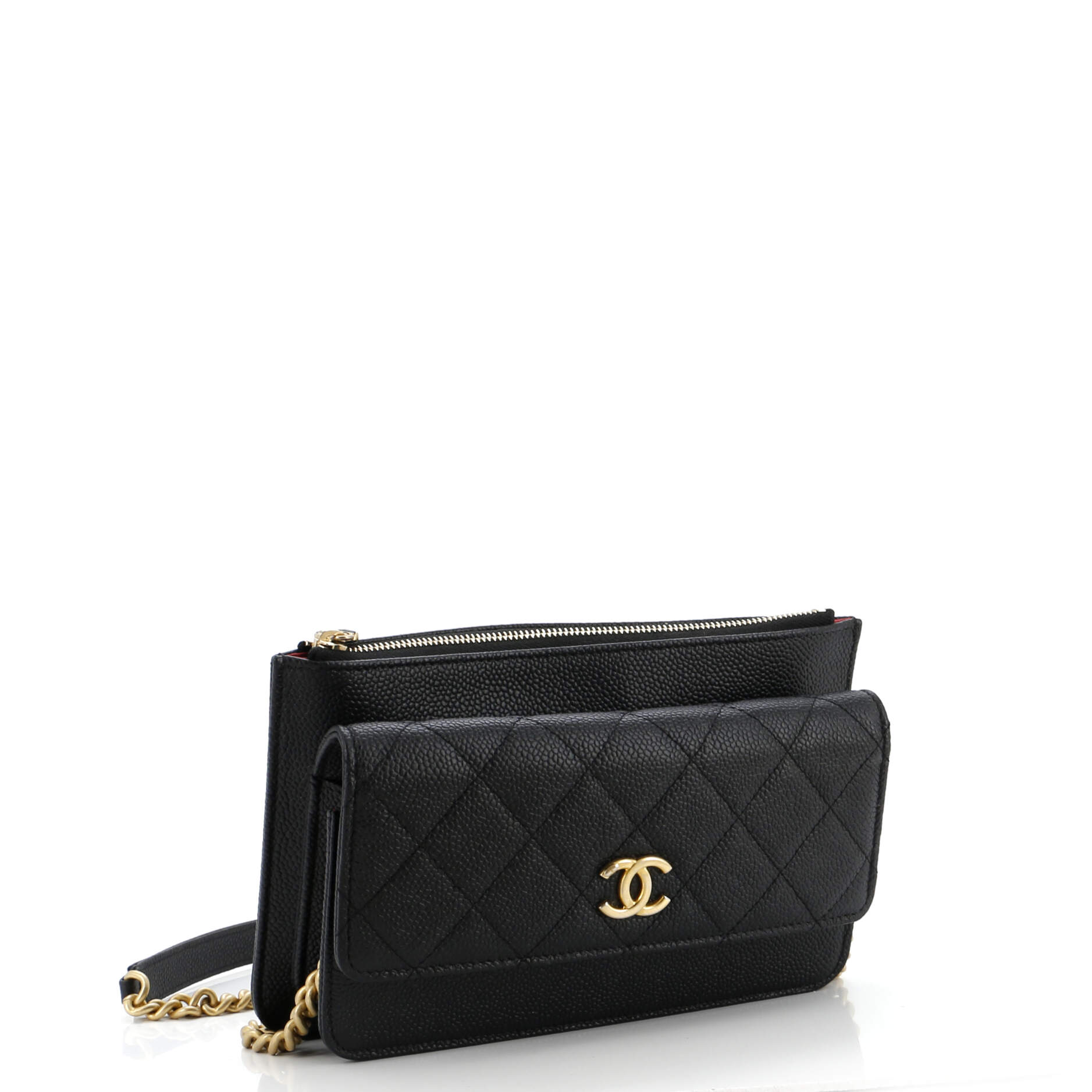 CC Front Pocket Clutch with Chain Quilted Caviar Small
