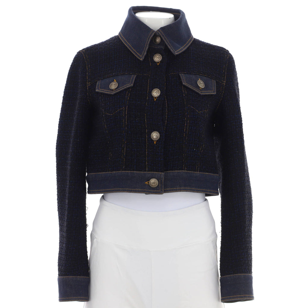 Women's Button Up Jacket Tweed with Denim Trim