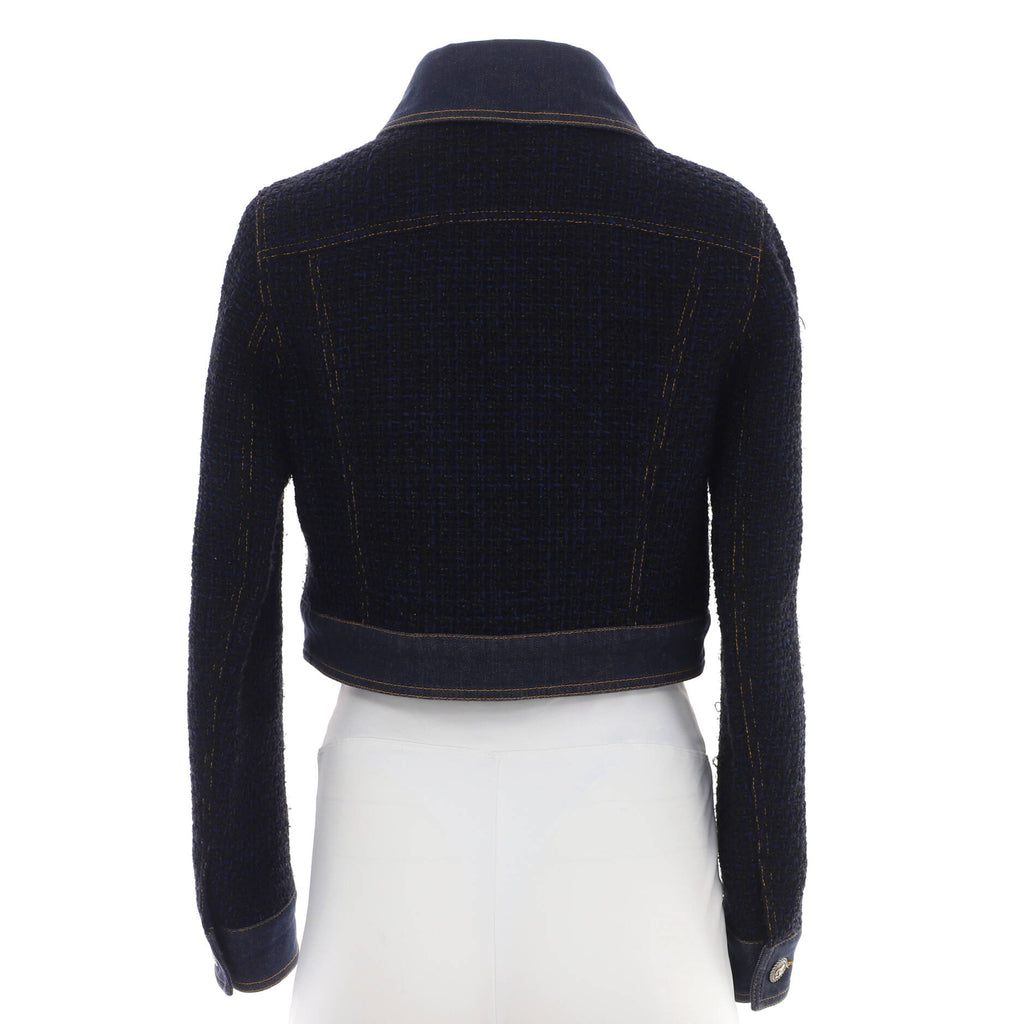 Women's Button Up Jacket Tweed with Denim Trim