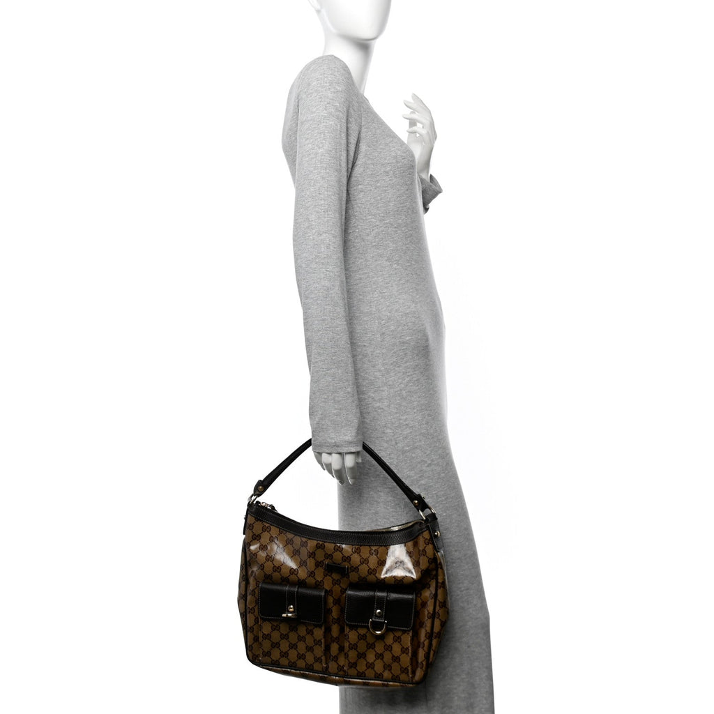 Crystal Monogram Medium Abbey Pocket Hobo Tote Dark Brown