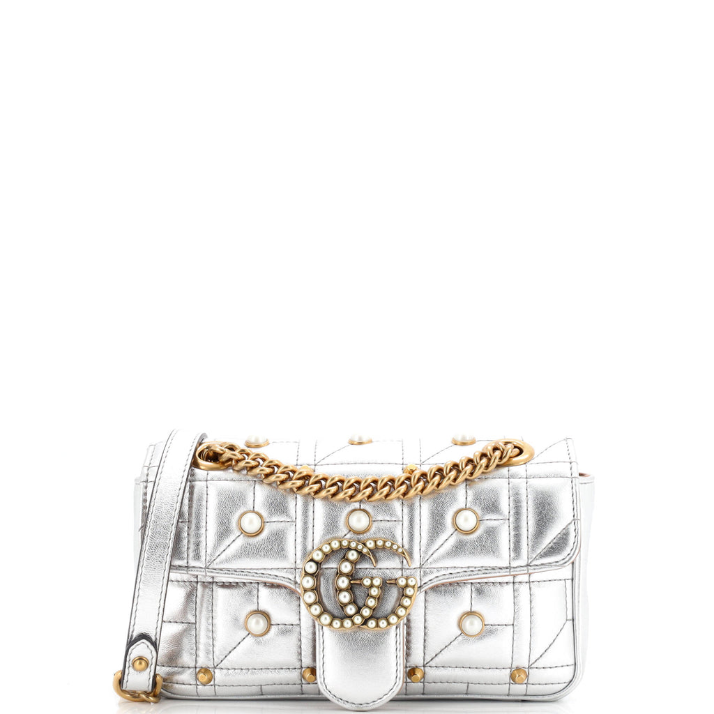 Pearly GG Marmont Flap Bag Embellished Matelasse Leather Mini
