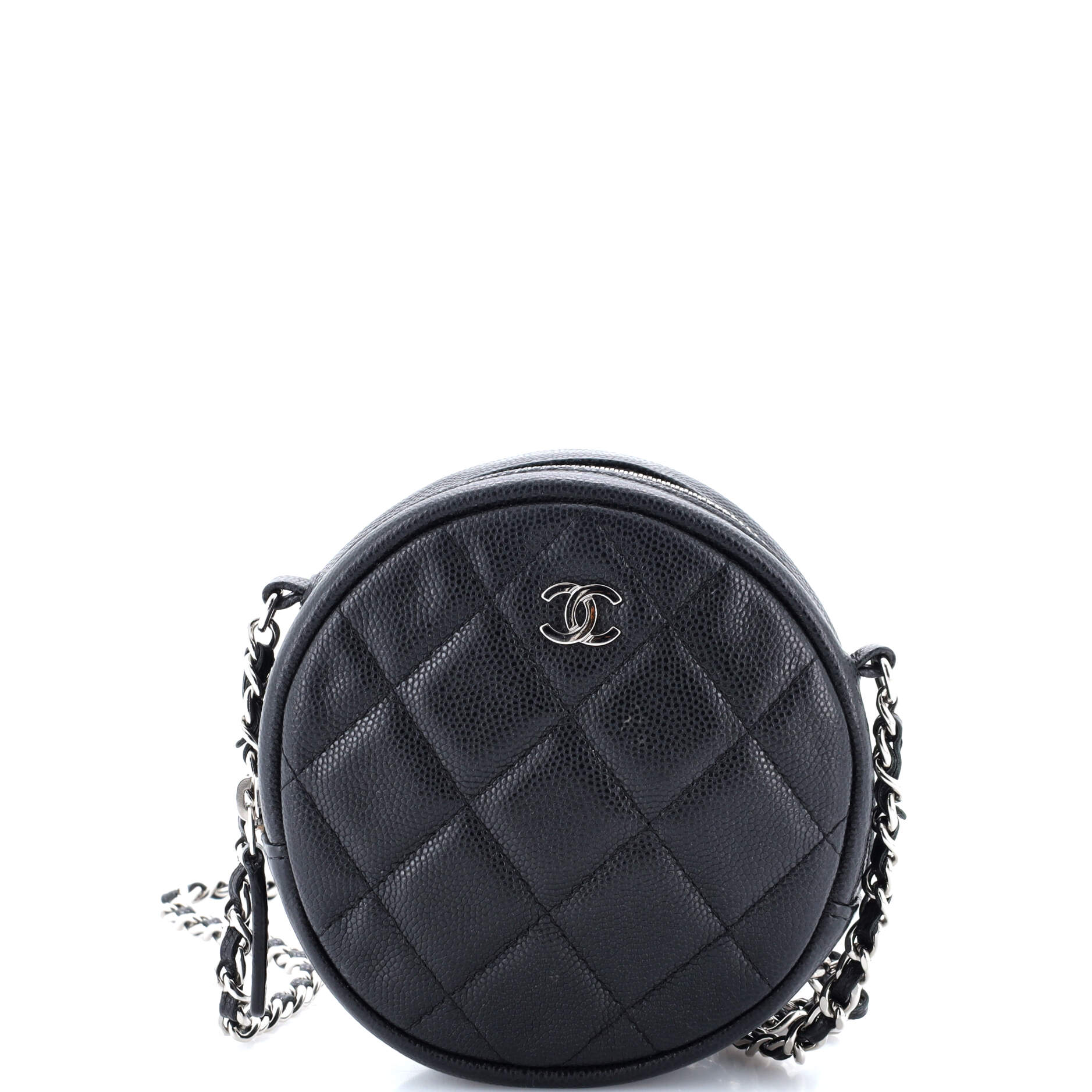 Round Clutch with Chain Quilted Iridescent Caviar Mini