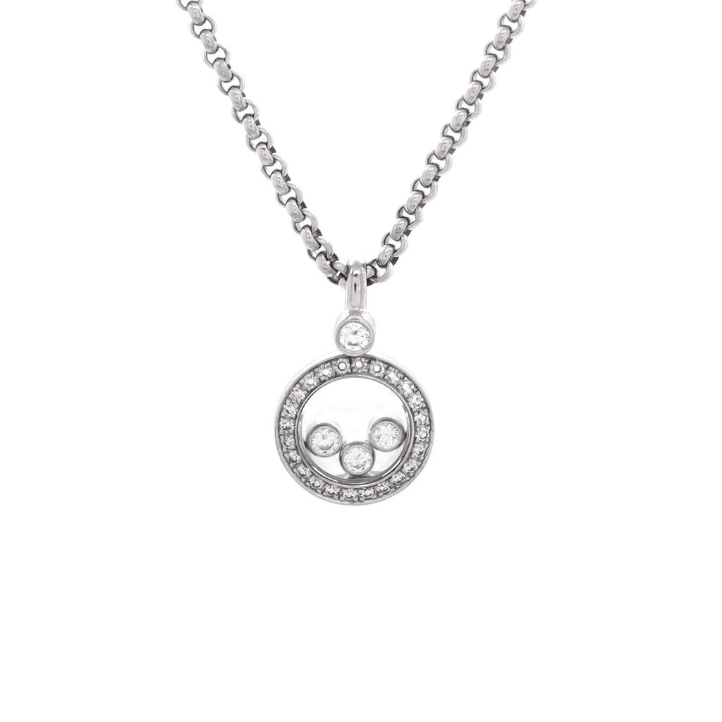 Happy Diamonds Round Pendant Necklace 18K White Gold with Diamonds and 3 Floating Diamonds