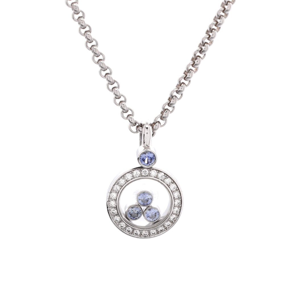 Happy Diamonds Round Pendant Necklace 18K White Gold with Diamonds and Blue Sapphires with 3 Floating Diamonds