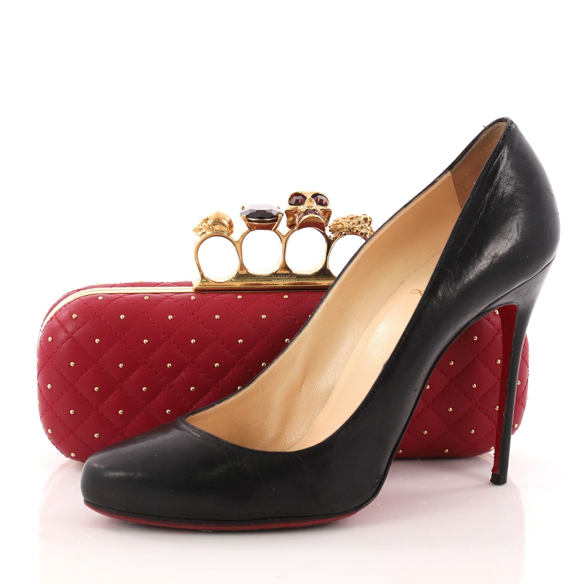 Knuckle Box Clutch Studded Quilted Leather Long