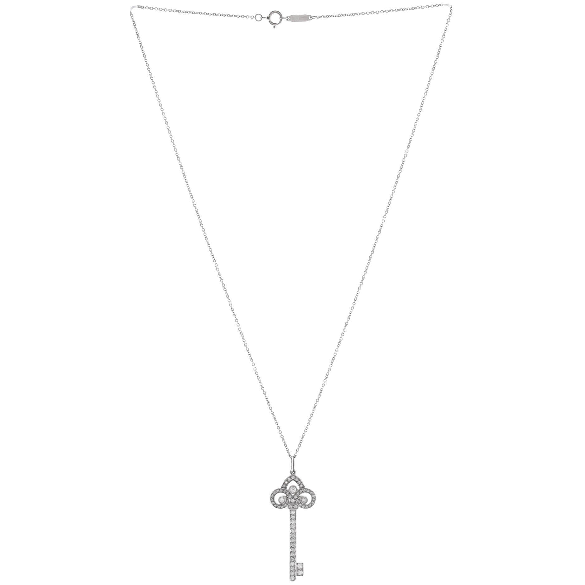 Fleur de Lis Key Pendant Necklace Platinum with Diamonds Large