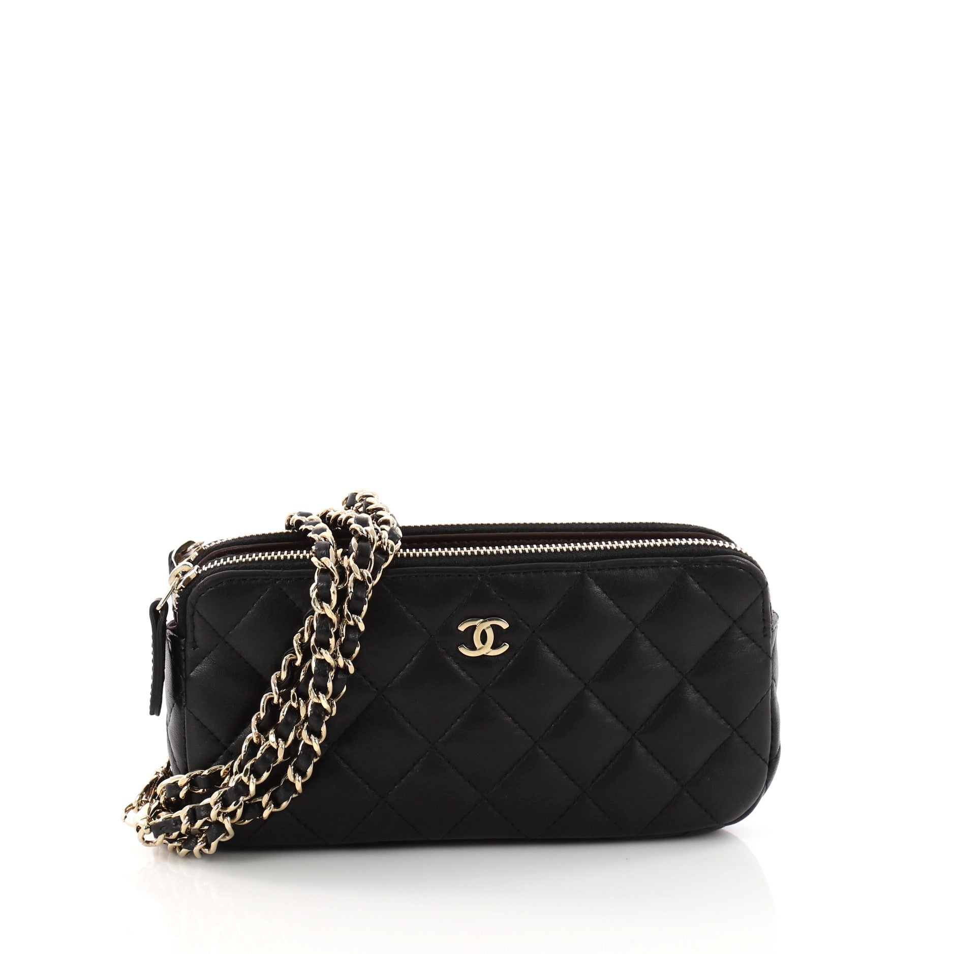 Double Zip Clutch with Chain Quilted Lambskin