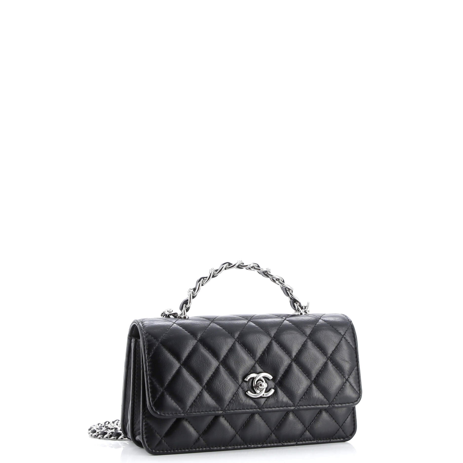 Top Handle Phone Holder with Chain Quilted Lambskin with Crystals