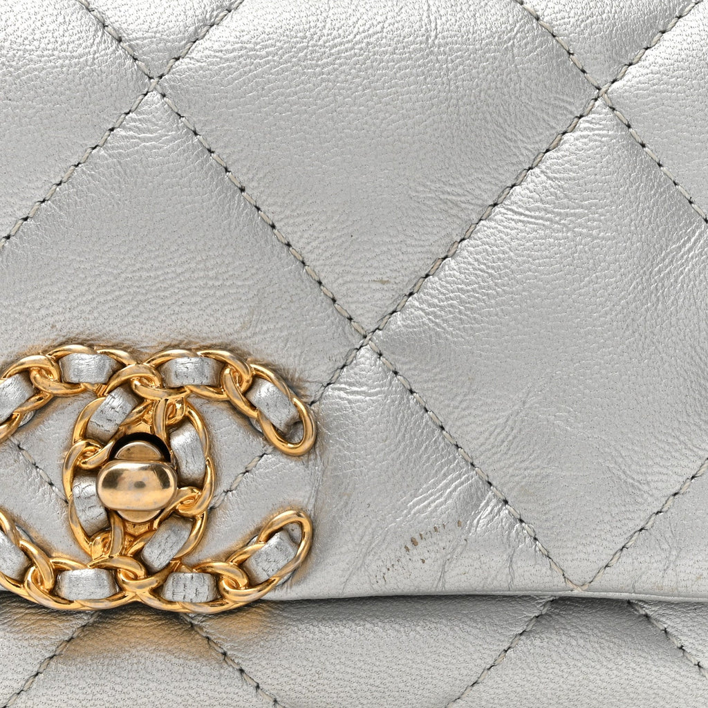 Metallic Goatskin Quilted Chanel 19 Waist Bag Silver