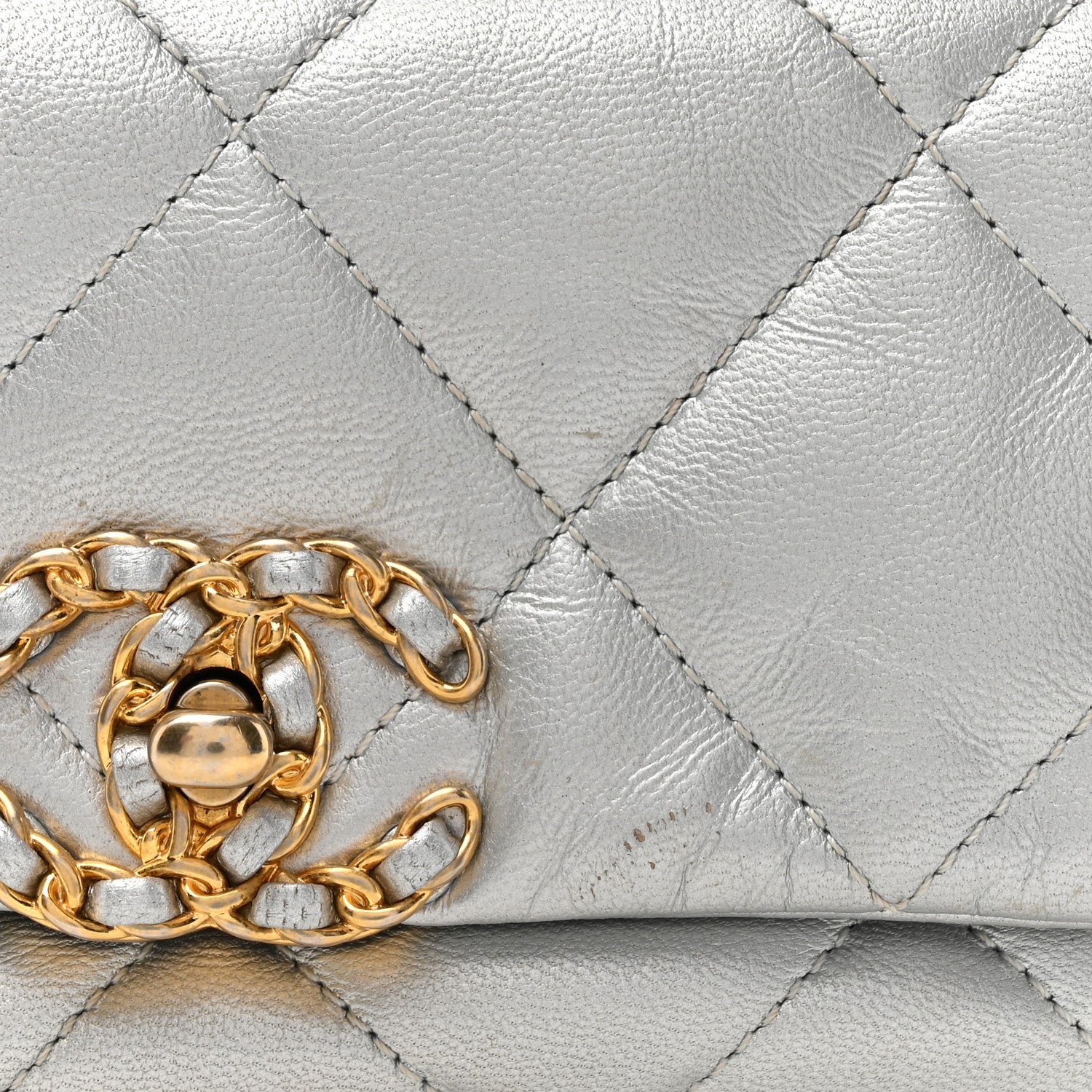 Metallic Goatskin Quilted Chanel 19 Waist Bag Silver