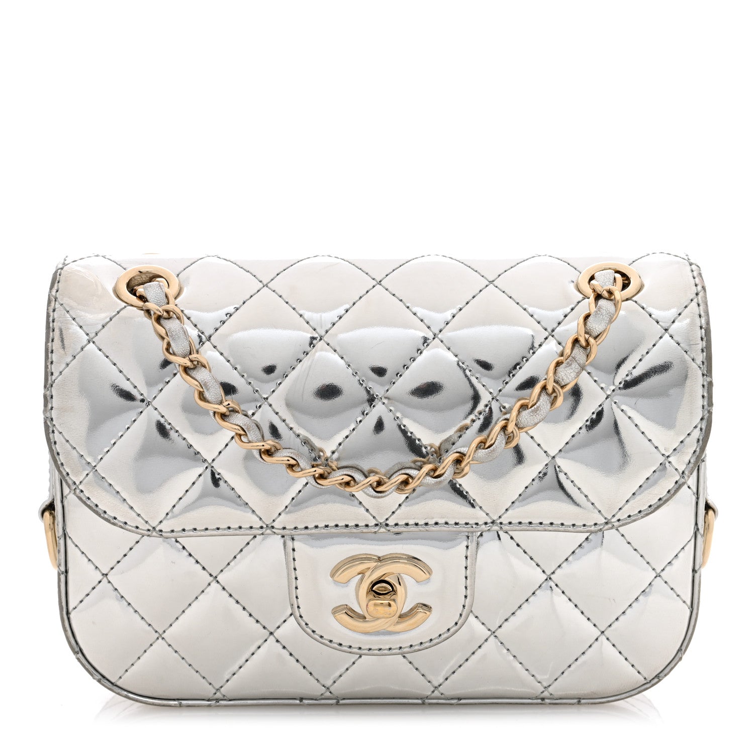 Mirror Calfskin Metallic Calfskin Quilted Hollywood Boulevard Mini Flap With Star Coin Purse Silver