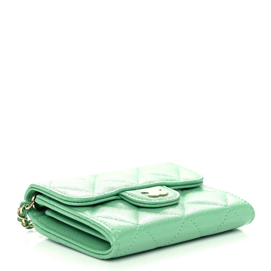 Caviar Quilted Flap  Holder On Chain Light Green