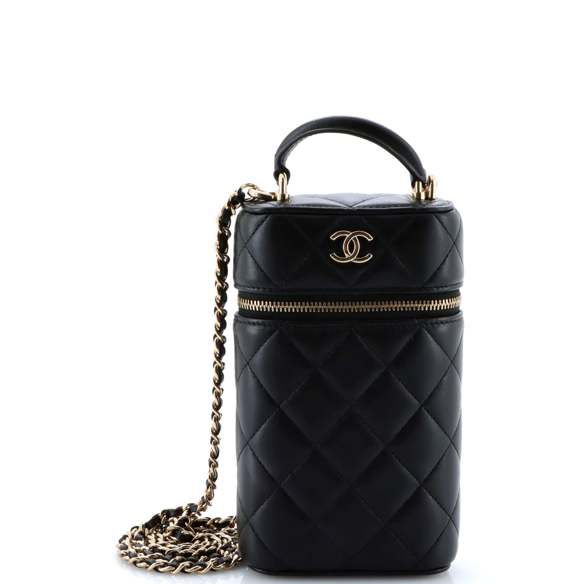 Classic Vanity Top Handle Phone Holder with Chain Quilted Lambskin