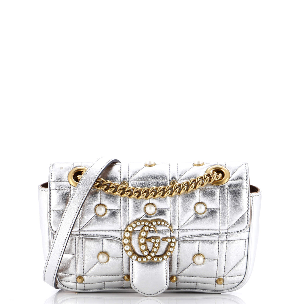 Pearly GG Marmont Flap Bag Embellished Matelasse Leather Mini