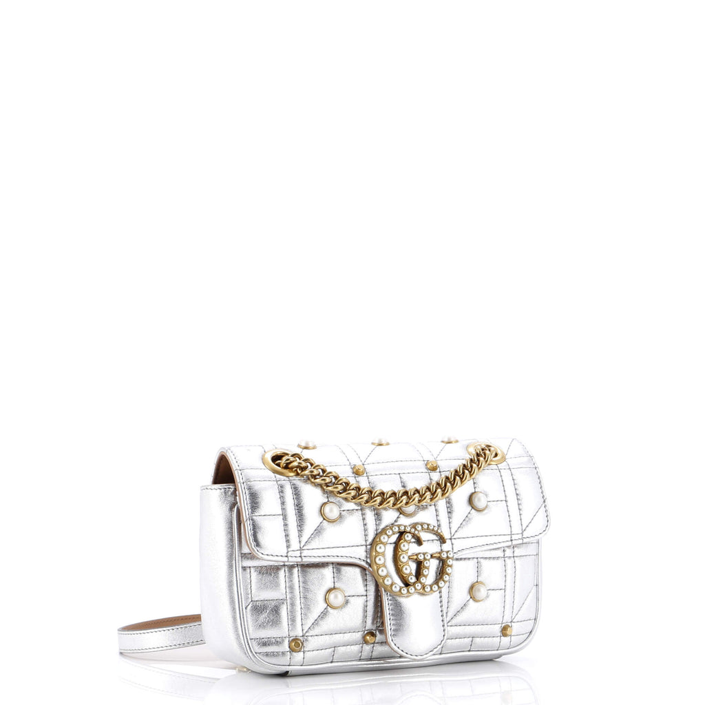Pearly GG Marmont Flap Bag Embellished Matelasse Leather Mini