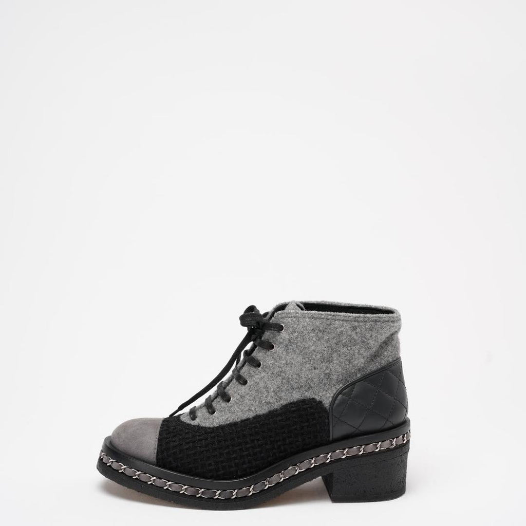 Chanel Black/Grey Tweed Suede Chain Ankle Boots 37
