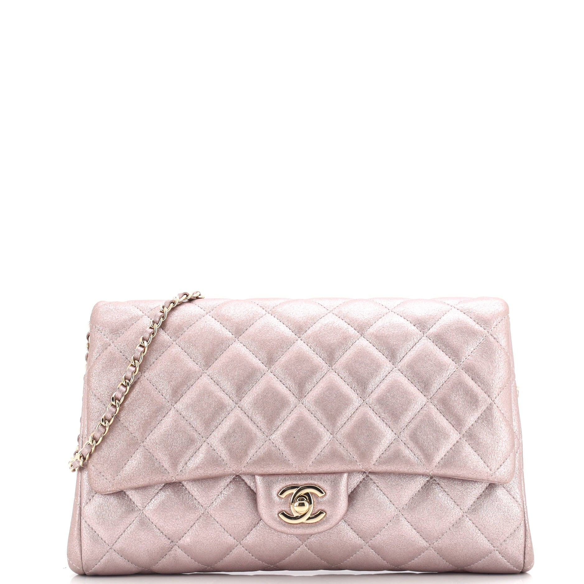 Clutch with Chain Quilted Pearlescent Calfskin