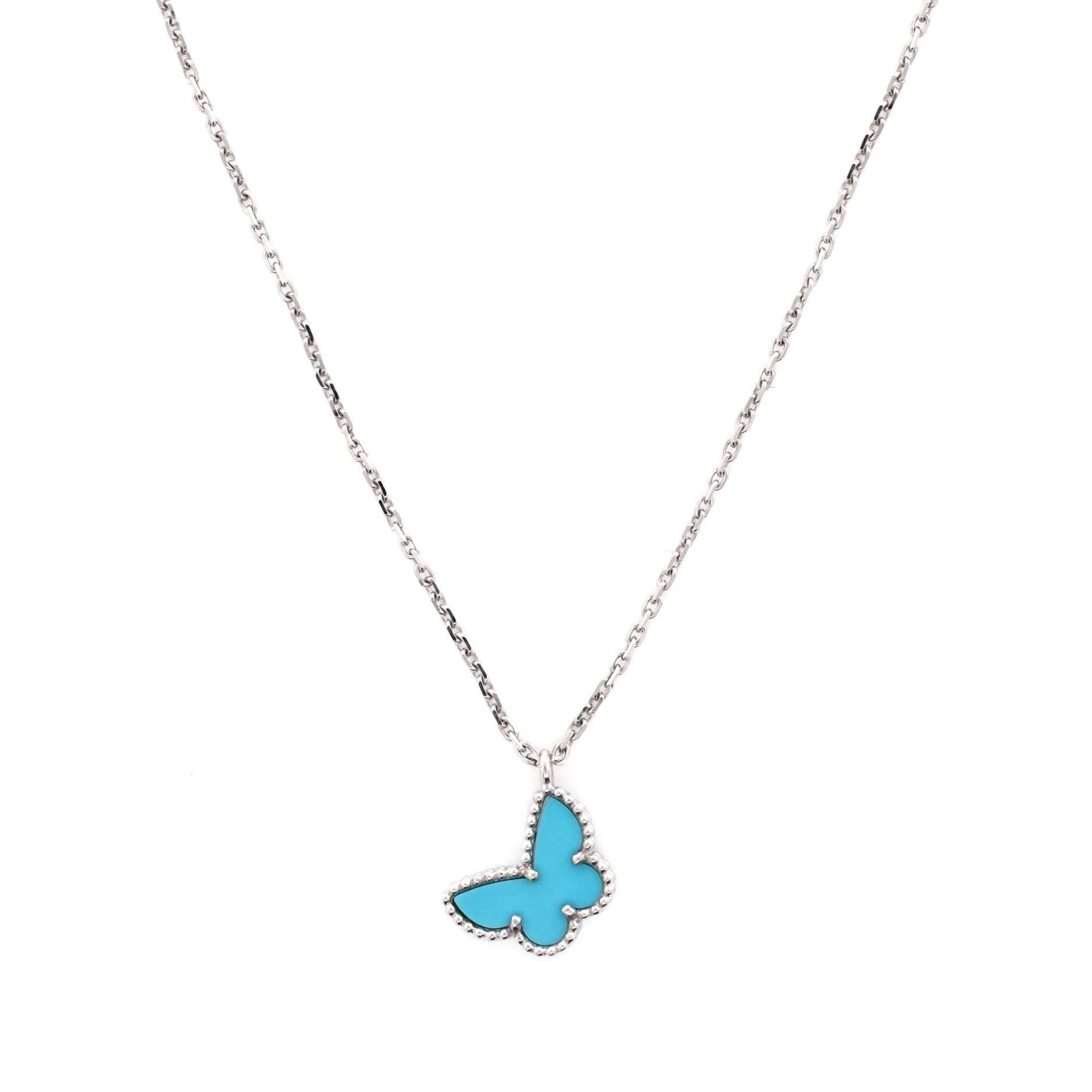 Sweet Alhambra Butterfly Pendant Necklace 18K White Gold with Turquoise