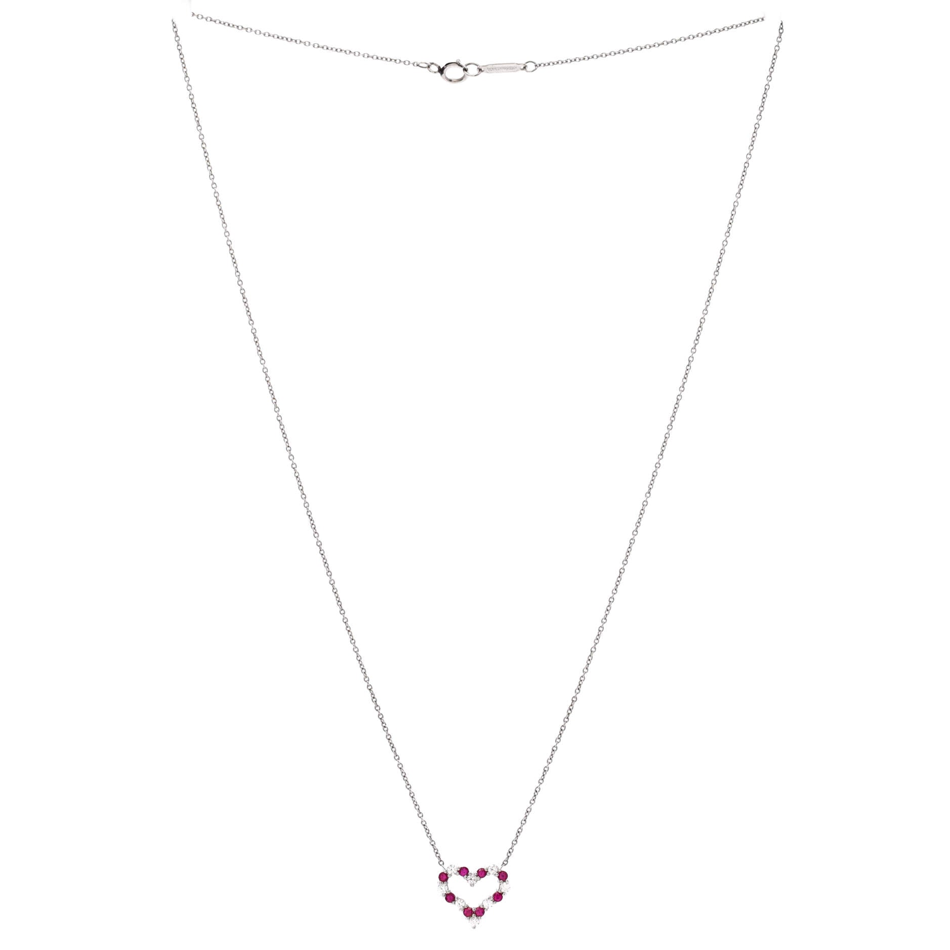 Heart Pendant Necklace Platinum with Diamonds and Pink Sapphires Mini