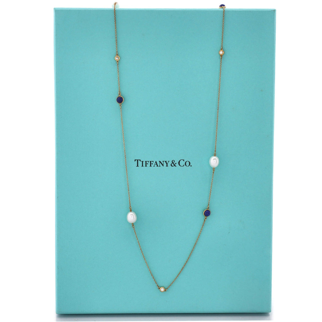 Elsa Peretti Diamonds By The Yard 13 Station Necklace 18K Yellow Gold with Diamonds and Pearls with Lapis Lazuli
