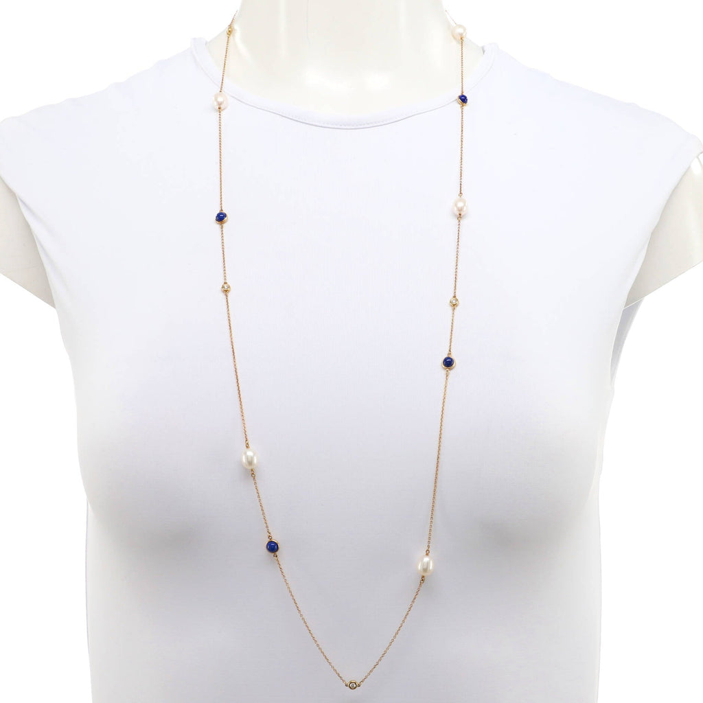 Elsa Peretti Diamonds By The Yard 13 Station Necklace 18K Yellow Gold with Diamonds and Pearls with Lapis Lazuli