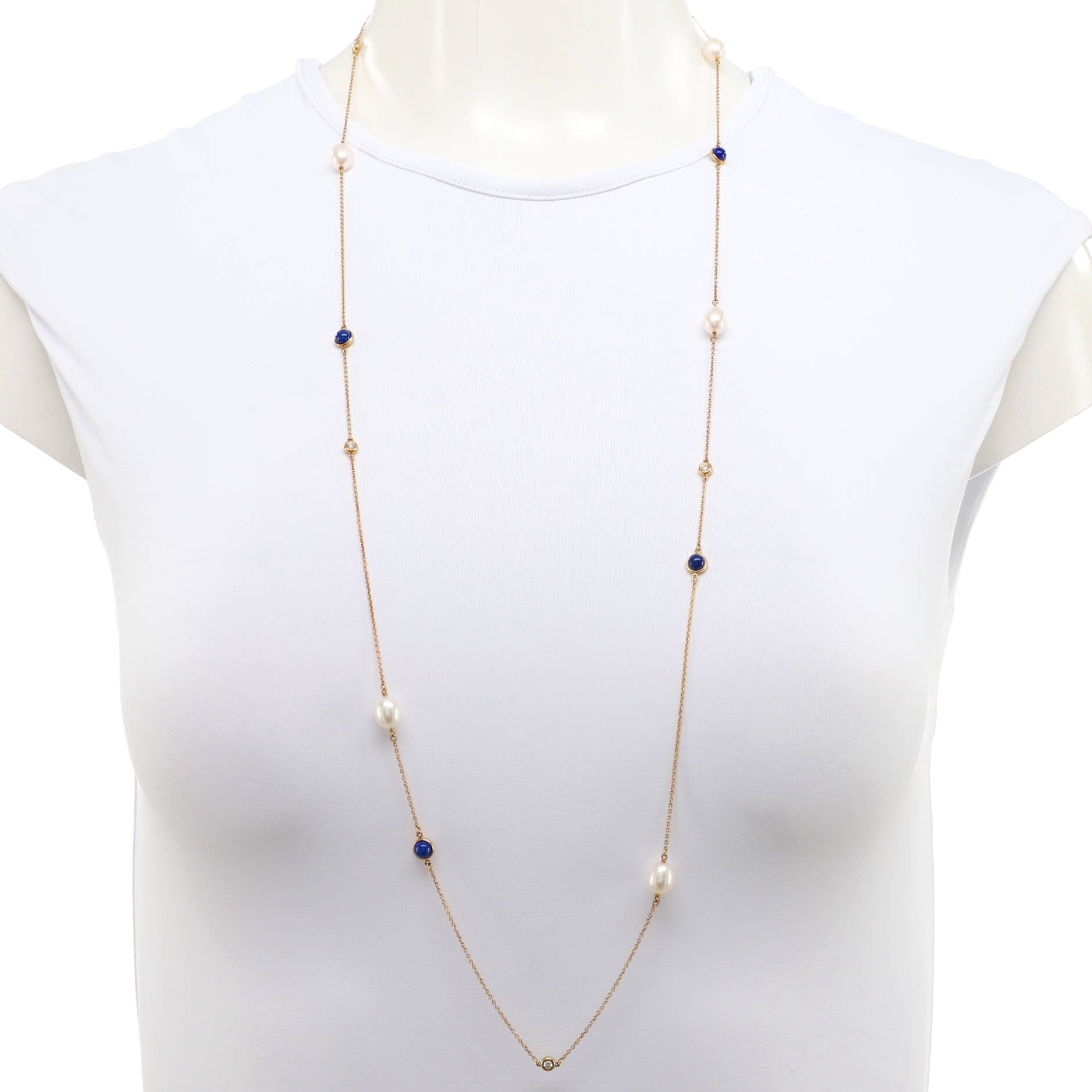 Elsa Peretti Diamonds By The Yard 13 Station Necklace 18K Yellow Gold with Diamonds and Pearls with Lapis Lazuli